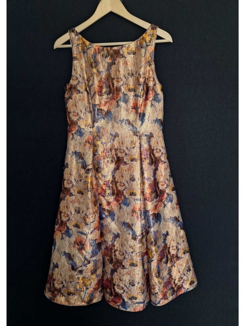 💙 Adrianna Papell Metallic Floral Jacquard Size 10 Fit & Flare Dress Gold Multi